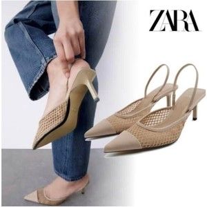 ZARA Womens Pointed Toe Beige Mesh Slingback kitten heels Shoes US 9 EU 40